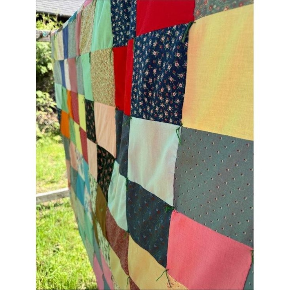 Vintage Handmade Patchwork Quilt Multi-Color Cotton Blend Cabin Cottage 76"x65"